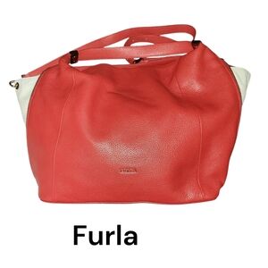 Furla Red and White leather 2-way bag with expandable side zips. 